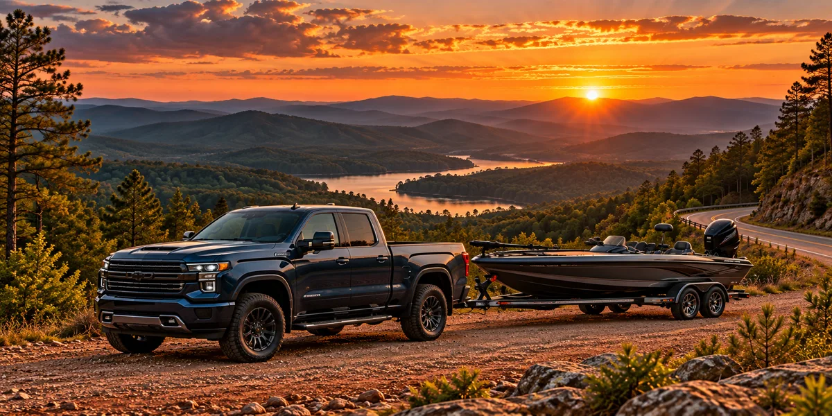 Illustration of a diesel pickup and bass boat overlooking Alabama-inspired wooded hills at sunset