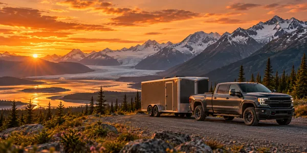 Alaska landscape and vehicles at sunset
