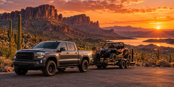 Arizona landscape and vehicles at sunset