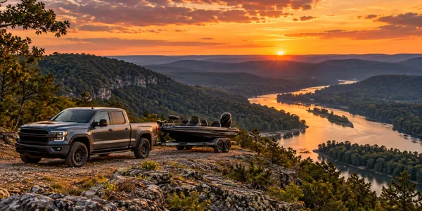 Arkansas landscape and vehicles at sunset