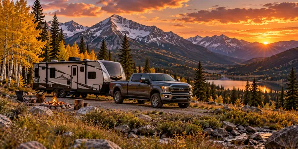 Colorado landscape and vehicles at sunset