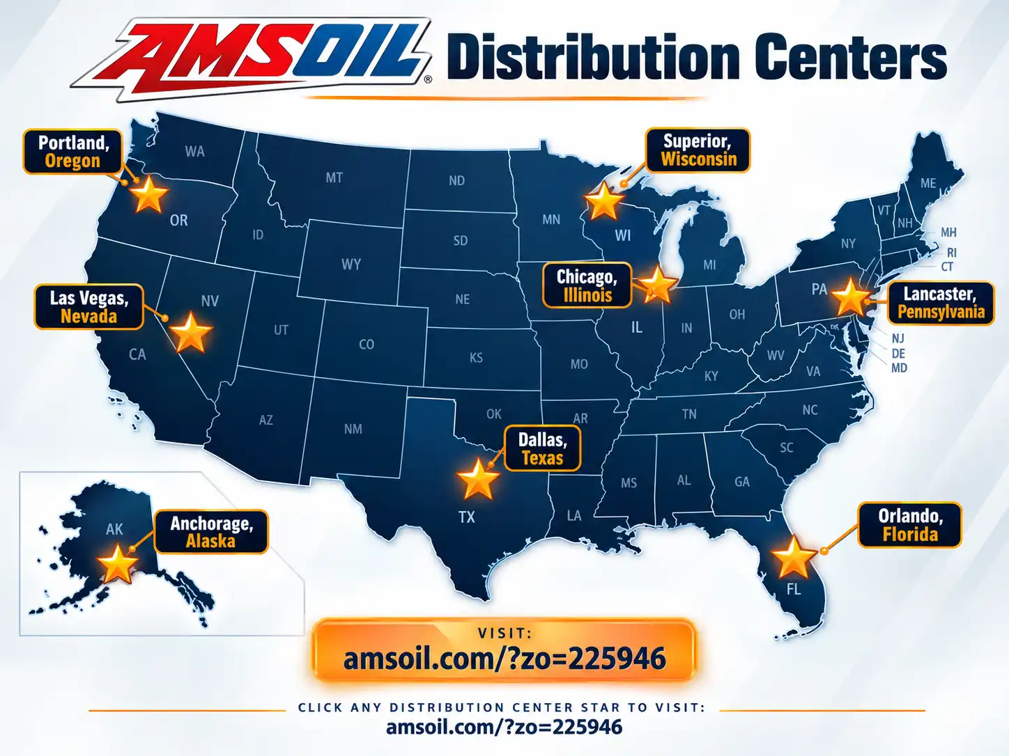 Illustrated map of eight United States AMSOIL distribution centers; all locations are also listed below