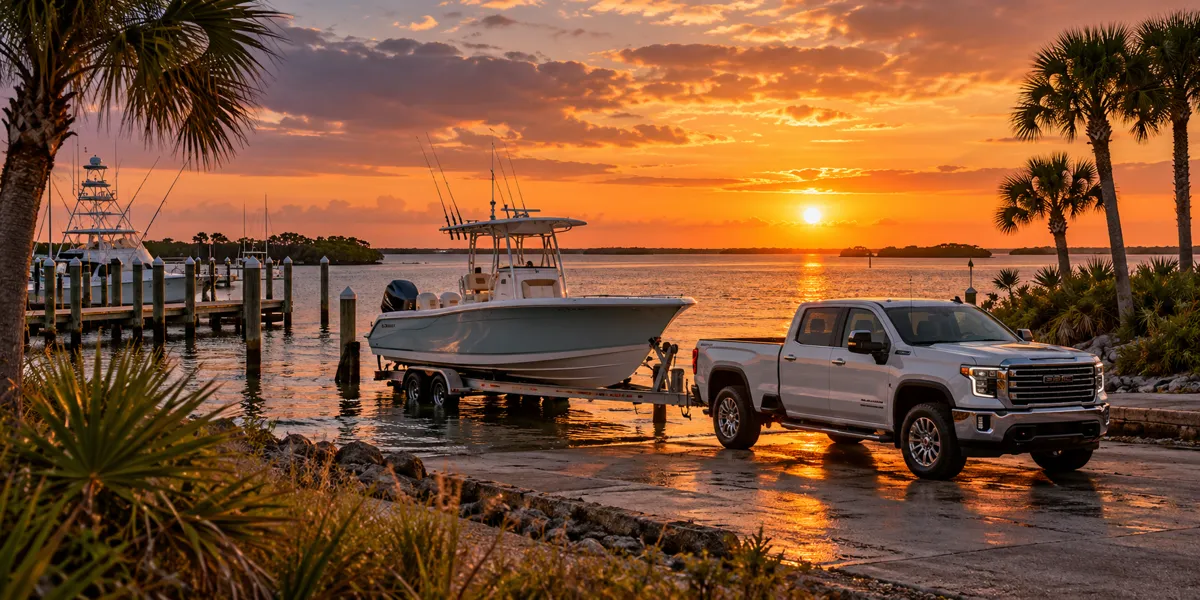Florida-inspired vehicles and landscape at copper sunset