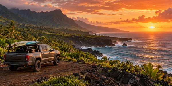 Hawaii landscape and vehicles at sunset