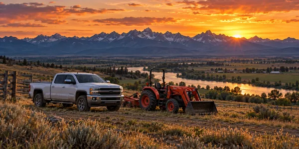 Idaho landscape and vehicles at sunset