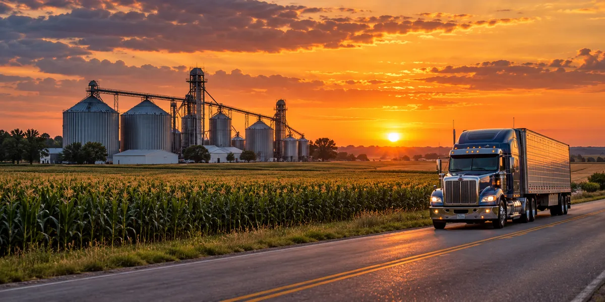 Illinois-inspired vehicles and landscape at copper sunset
