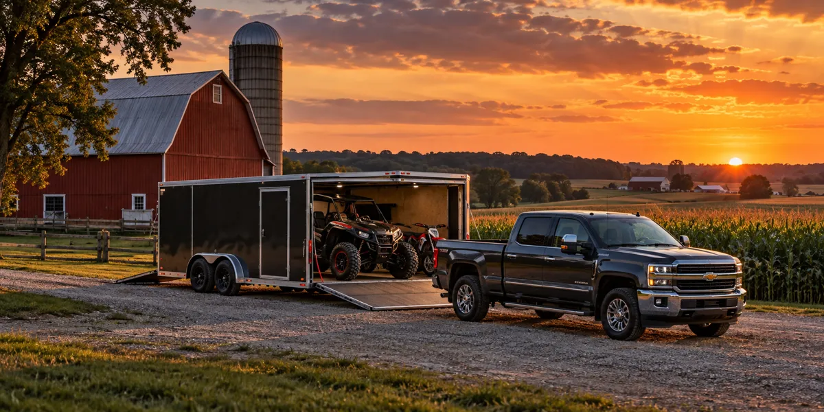 Indiana-inspired vehicles and landscape at copper sunset