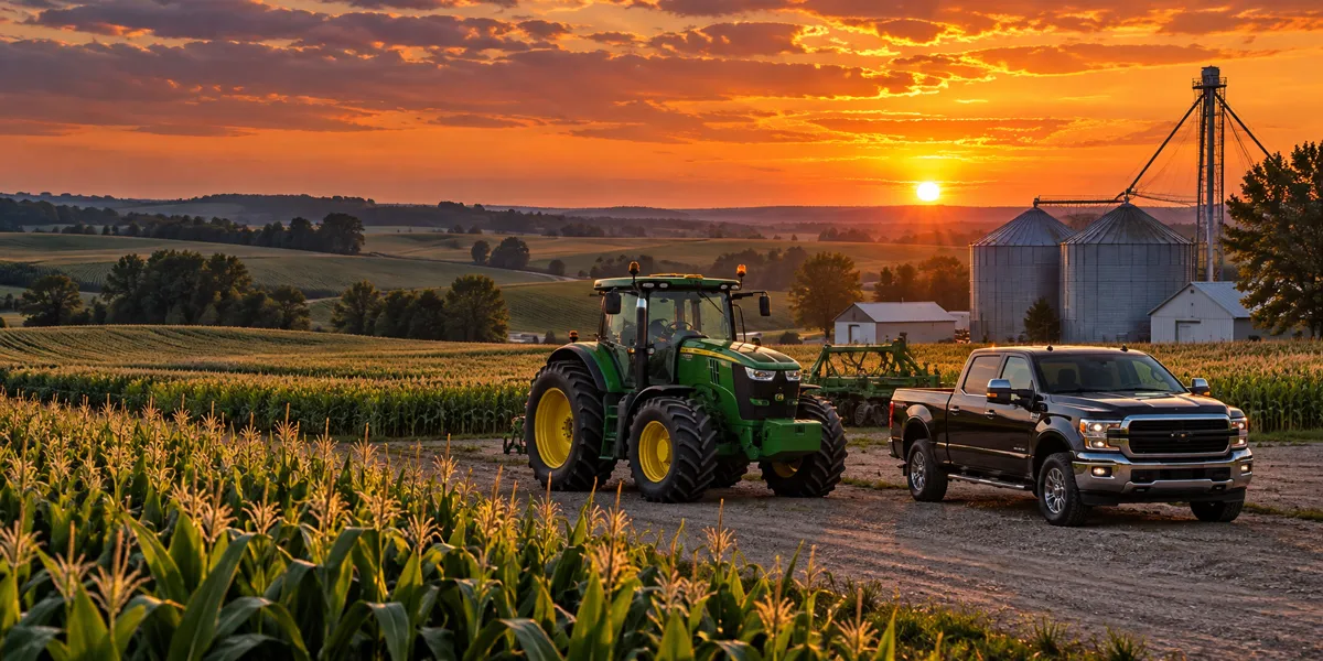 Iowa-inspired vehicles and landscape at copper sunset