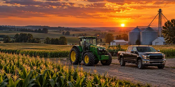 Iowa landscape and vehicles at sunset