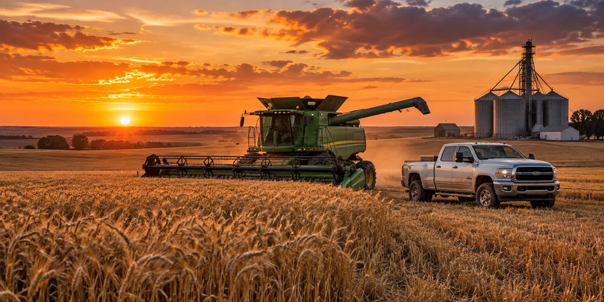 Kansas-inspired vehicles and landscape at copper sunset
