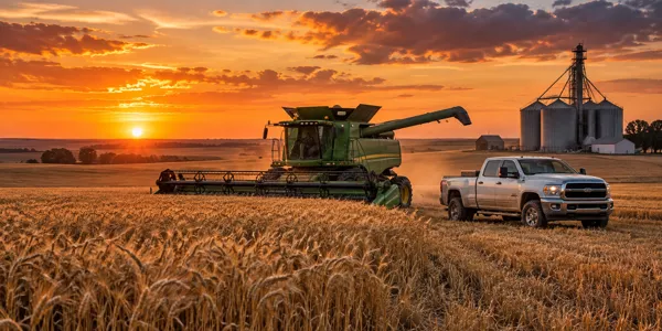 Kansas landscape and vehicles at sunset