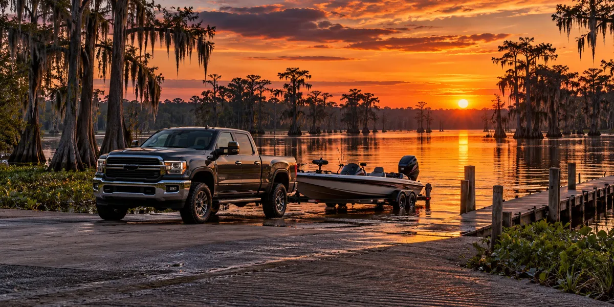 Louisiana-inspired vehicles and landscape at copper sunset
