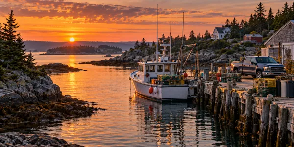 Maine landscape and vehicles at sunset
