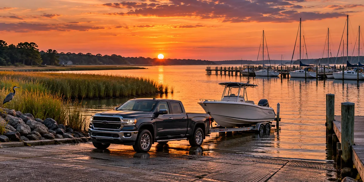 Maryland-inspired vehicles and landscape at copper sunset