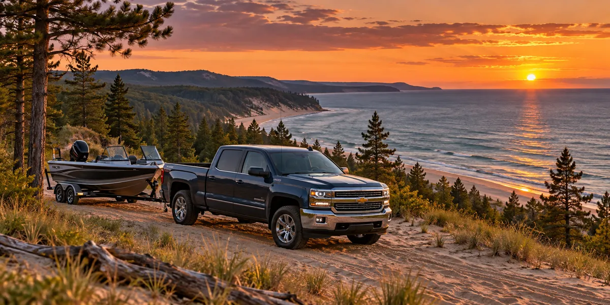 Michigan-inspired vehicles and landscape at copper sunset