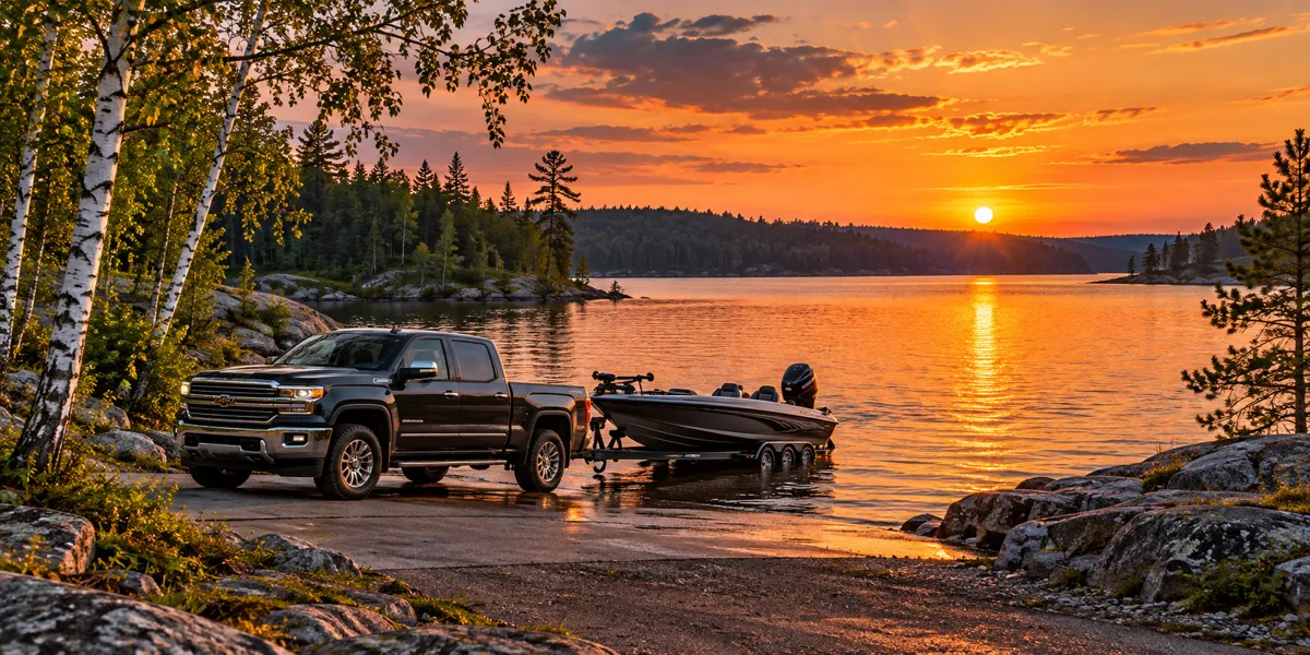 Minnesota-inspired vehicles and landscape at copper sunset