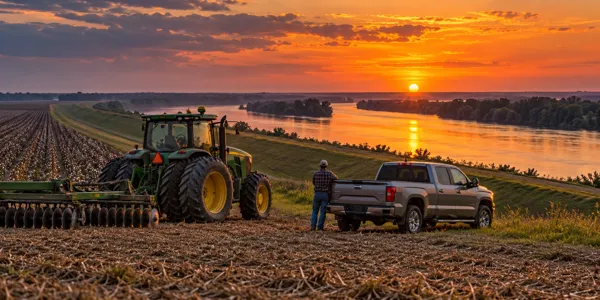 Mississippi landscape and vehicles at sunset