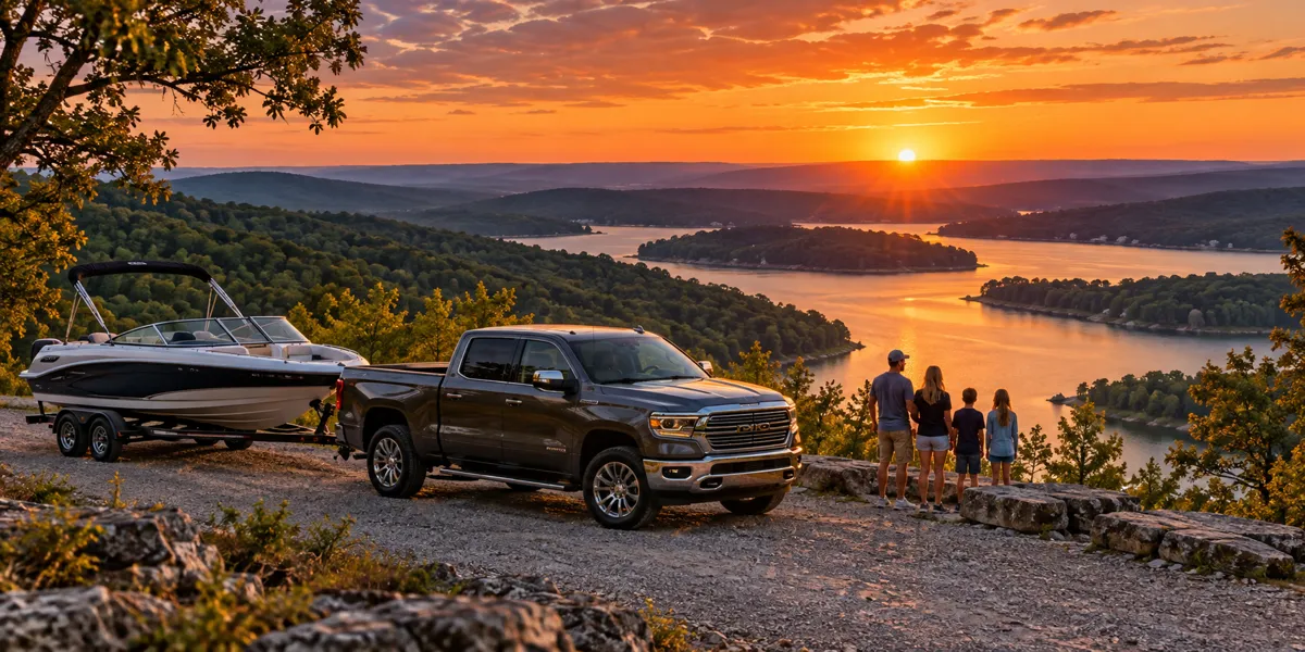Missouri-inspired vehicles and landscape at copper sunset