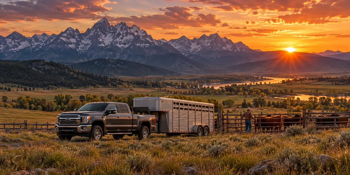 Montana-inspired vehicles and landscape at copper sunset