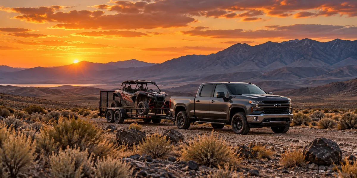 Nevada-inspired vehicles and landscape at copper sunset