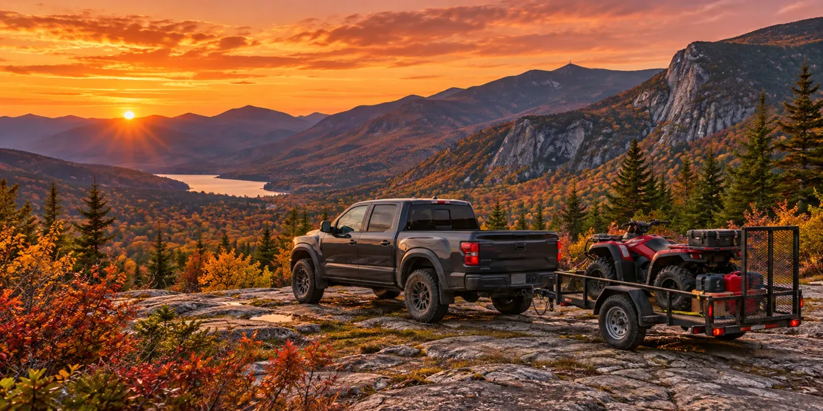 New Hampshire-inspired vehicles and landscape at copper sunset