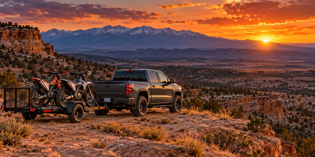 New Mexico-inspired vehicles and landscape at copper sunset