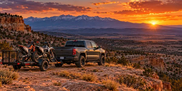 New Mexico landscape and vehicles at sunset