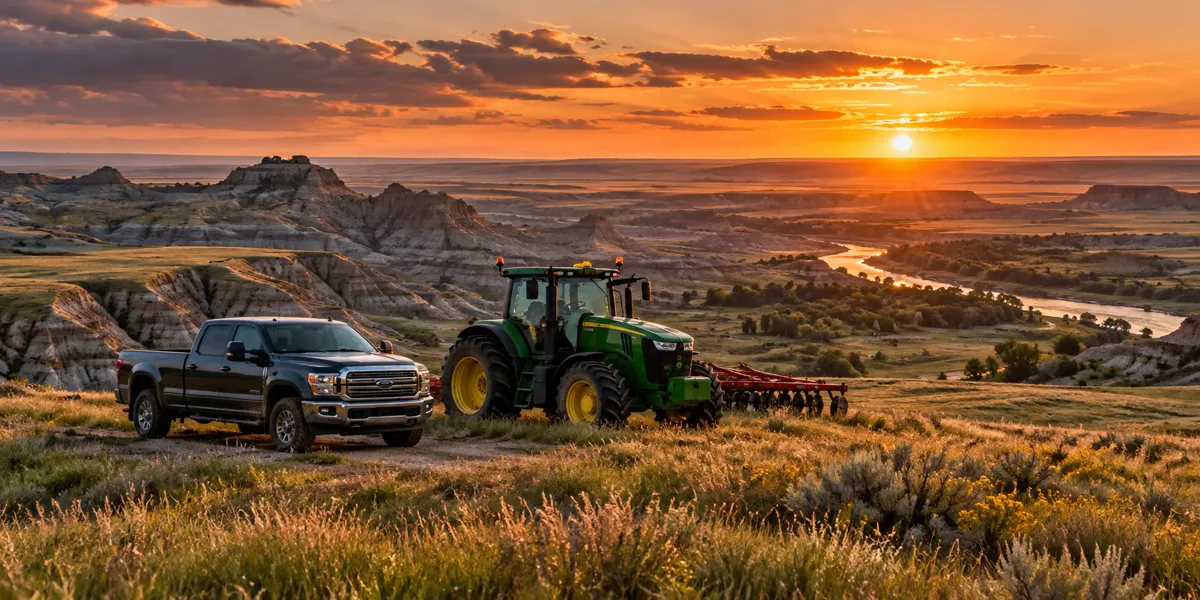 North Dakota-inspired vehicles and landscape at copper sunset