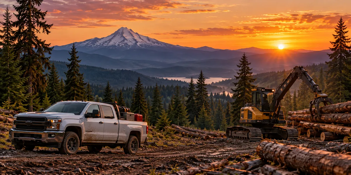 Oregon-inspired vehicles and landscape at copper sunset