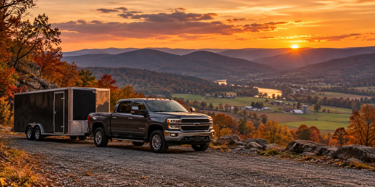 Pennsylvania-inspired vehicles and landscape at copper sunset