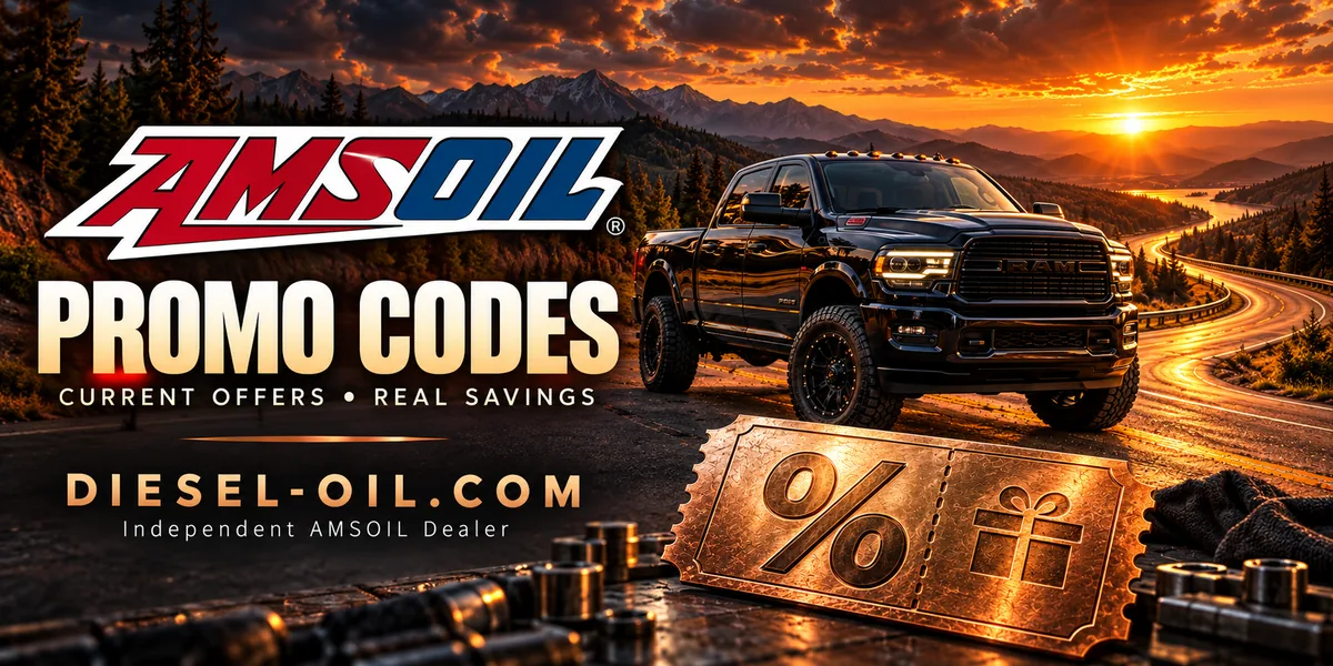 AMSOIL Promo Codes — diesel pickup at a copper sunset with a savings coupon, from Diesel Oil Works