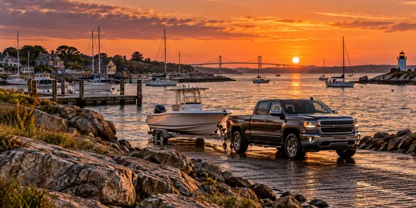 Rhode Island landscape and vehicles at sunset