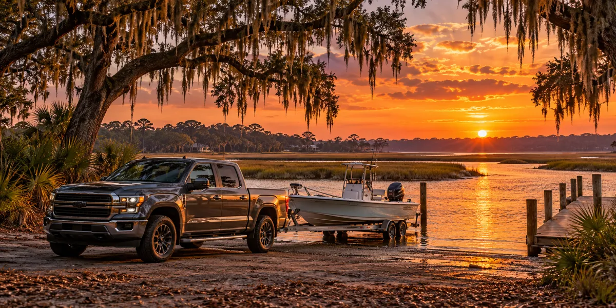 South Carolina-inspired vehicles and landscape at copper sunset