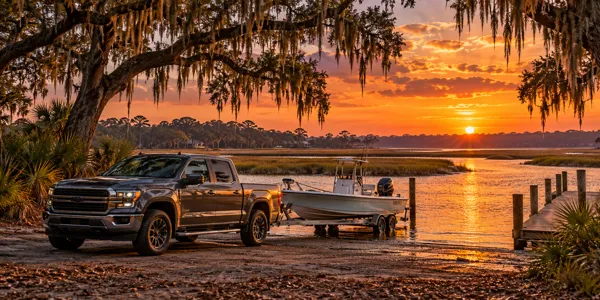 South Carolina landscape and vehicles at sunset