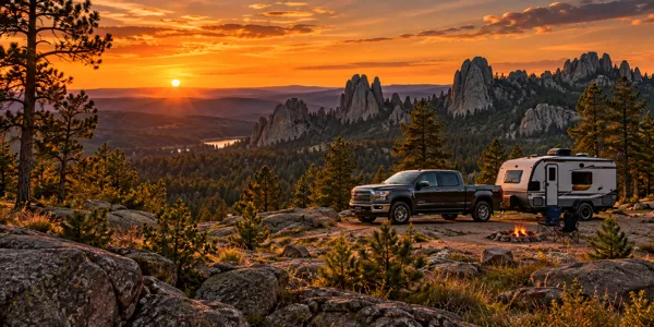 South Dakota landscape and vehicles at sunset