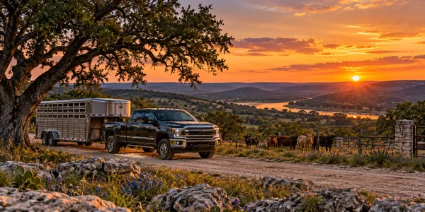 Texas landscape and vehicles at sunset