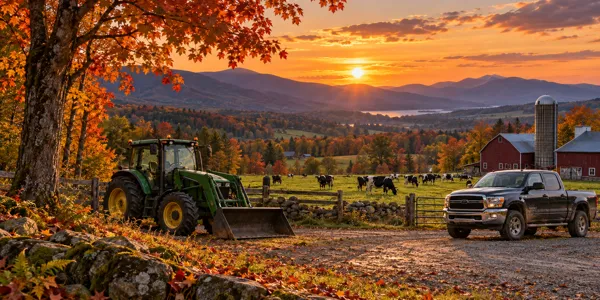 Vermont landscape and vehicles at sunset