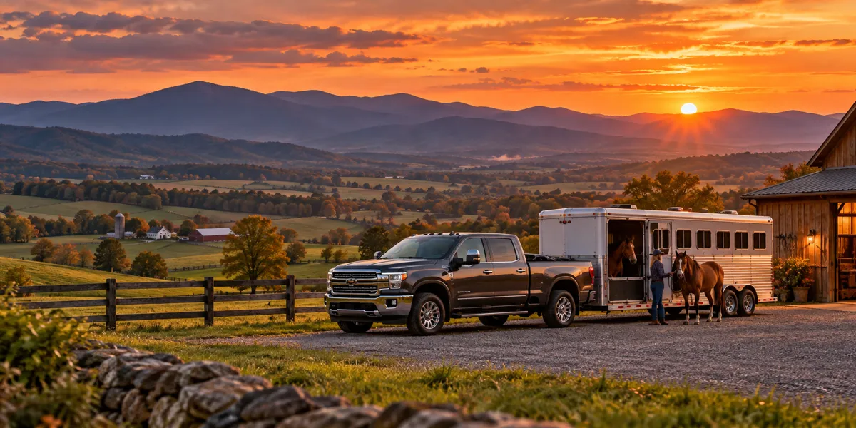 Virginia-inspired vehicles and landscape at copper sunset