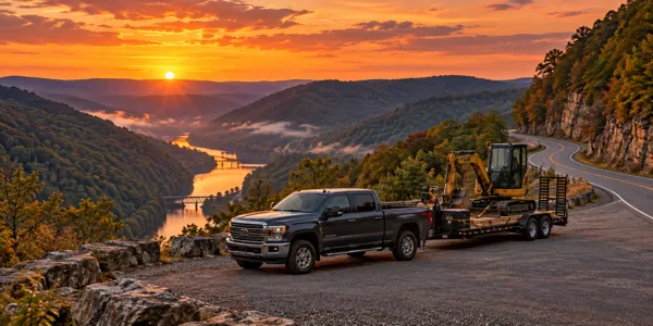 West Virginia landscape and vehicles at sunset