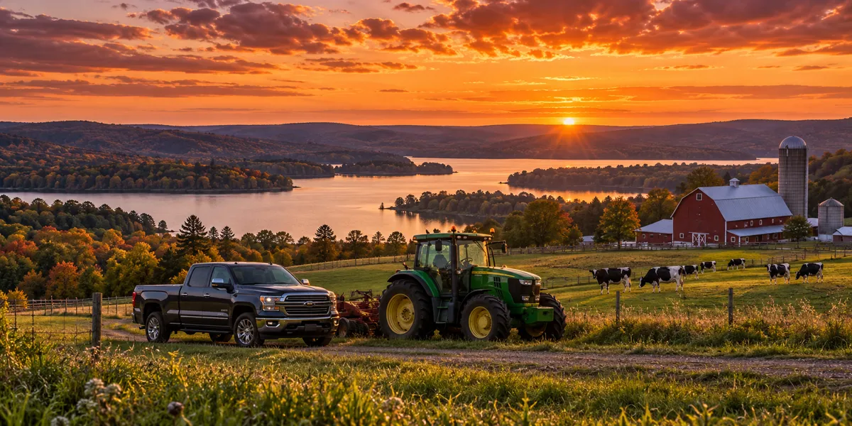 Wisconsin-inspired vehicles and landscape at copper sunset