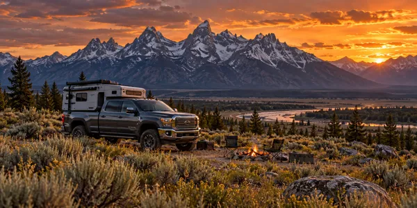 Wyoming landscape and vehicles at sunset