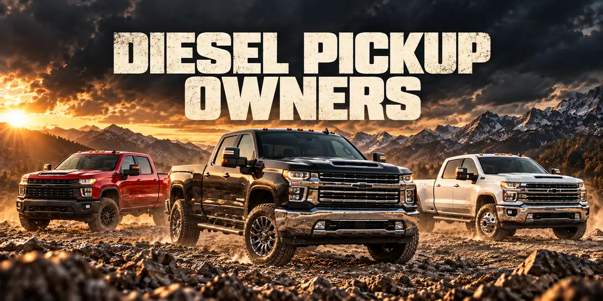 Diesel Pickup Owners — three diesel pickup trucks in a mountain landscape at sunset