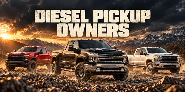 Diesel Pickup Owners — three diesel pickup trucks in a mountain landscape at sunset
